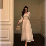 A line Square Neckline Long Sleeves White Chiffon Prom Dresses Birthday Outfits Evening Gown SD992