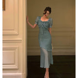 Mermaid Square Neckline Short Sleeves Blue Chiffon Prom Dresses Birthday Outfits Evening Gown SD993