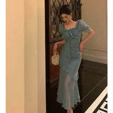 Mermaid Square Neckline Short Sleeves Blue Chiffon Prom Dresses Birthday Outfits Evening Gown SD993