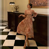 A Line V Neckline Long Sleeves Pink Floral Prom Dresses Birthday Outfits Evening Gown SD994