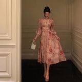 A Line V Neckline Long Sleeves Pink Floral Prom Dresses Birthday Outfits Evening Gown SD994