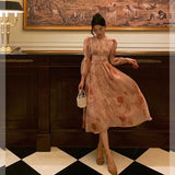 A Line V Neckline Long Sleeves Pink Floral Prom Dresses Birthday Outfits Evening Gown SD994