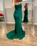Spaghetti Strap V-neck Sleeveless Mermaid Satin Long Prom Dresses With Trailing For Party SD1541