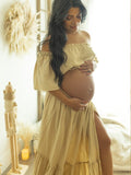 Boho Solid Color Off Shoulder Backless Linen Cotton Ruffle 2-in-1 Crop Cap Sleeve Side Slit Photoshoot Maternity Maxi Dress Maternity