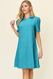 Take Full Size Texture Collared Neck Short Sleeve Dress DJPT