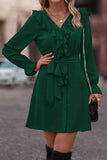 Flounce Sleeve V-Neck Belted Dress DJPT