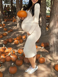 Solid Knitted Rib Fabric Off Shoulder V-neck Fall Fashion Maternity Photoshoot Maxi Dress Maternity
