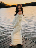 Yellow Knit Off Shoulder Flare Sleeve Mermaid Bodycon Elegant Vacation Photoshoot Baby Shower Maternity Maxi Dress Maternity