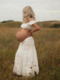 White 2-in-1 Lace Cut Out Off Shoulder Tie Elegant Flowy Vacation Photoshoot Maternity Maxi Dress Maternity