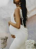 White Bodycon Backless Draped Spaghetti Strap Lace Up Photoshoot Party Maternity Maxi Dress Maternity