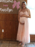 Light Pink Polka Dot Bow Ruffle Falbala Tie-Shoulder A-line Tulle Princess Dress Maxi Dress Maternity
