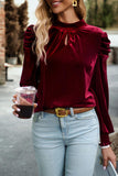 Up Mock Neck Velvet Fabric Long Sleeve Blouse DJPT