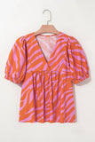 Stripe Print Ruched Cuff Half Sleeve V Neck Blouse DJPT