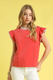 Contrast Trim Ruffle Cap Sleeve Blouse DJPT