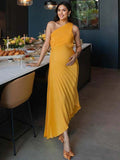 Yellow Pleated Cut Out One Shoulder Big Swing Plus Size Elegant Maternity Photoshoot Baby Shower Maxi Dress Maternity