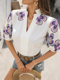 Print Notched Puff Sleeve Blouse DJPT