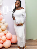 White Mesh Irregular Ruched Draped Off Shoulder Bodycon Elegant Cocktail Party Gown Maternity Photoshoot Baby Shower Maxi Dress Maternity