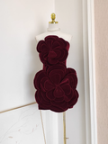 Sheath Strapless Burgundy Velvet Vacation Dresses Short Burgundy Birthday Dress With Gloves SD235