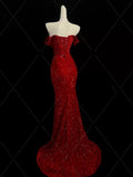 Mermaid Sweetheart Red Slit Sequin Long Evening Gowns Prom Dress SD2766 HZ0628