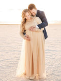 Sequin Tulle Splicing Long Sleeve Party Gown Photoshoot Maternity Baby Shower Maxi Dress Maternity