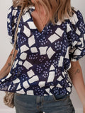 Print Frilled Puff Sleeve V Neck Blouse DJPT