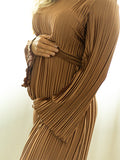 Brown Pleated Ruffle Belted Elegant Photoshoot Baby Shower Maternity Maxi Dress Maternity