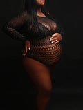 Black Rhinestone Fishnet Knitting Sheer Cut Out Photoshoot Short Jumpsuit Maternity Bodysuit Maternity