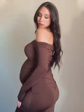 Off Shoulder Draped Ruched Metal Buckle Bodycon Elegant Maternity Photoshoot Maxi Dress Maternity