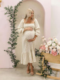 Ruffle Ruched High Waist Puff Sleeve Cute Photoshoot Maternity Maxi Dress Maternity