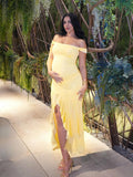 Off Shoulder Ruched Ruffle Falbala Side Slit Elegant Cocktail Gown Maternity Baby Shower Maxi Dress Maternity