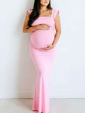 Pink Spaghetti Strap Backless Tie Back Bandage Mermaid Bodycon Elegant Baby Shower Maternity Maxi Dress Maternity