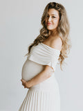 Apricot Off Shoulder Ruched Pleated Big Swing Maternity Baby Shower Maxi Dress Maternity
