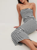 Back Striped Strapless Bodycon Midi Dress DJPT