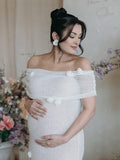 White Off Shoulder 3D Flowers Grenadine Sheer Bodycon Elegant Beach Photoshoot Baby Shower Maternity Maxi Dress Maternity