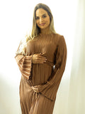 Brown Pleated Ruffle Belted Elegant Photoshoot Baby Shower Maternity Maxi Dress Maternity
