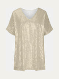 Size Sequin V-Neck Short Sleeve Top DJPT