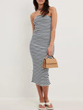 Back Striped Strapless Bodycon Midi Dress DJPT