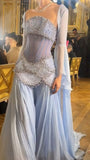 A Line Off The Shoulder Maxi Long Party Light Blue Chiffon Prom Dresses Evening Dress SD2395