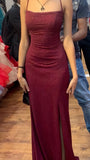 Sheath Spaghetti Straps Burgundy Slit Long Evening Dress Prom Dresses SD1731