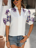 Print Notched Puff Sleeve Blouse DJPT