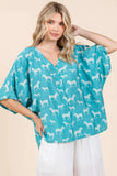 Zebra Print V-Neck Button Down Dolman Sleeve Top DJPT