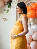 Yellow Pleated Cut Out One Shoulder Big Swing Plus Size Elegant Maternity Photoshoot Baby Shower Maxi Dress Maternity