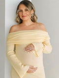 Yellow Knit Off Shoulder Flare Sleeve Mermaid Bodycon Elegant Vacation Photoshoot Baby Shower Maternity Maxi Dress Maternity
