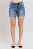 Blue Button Fly Mid Length Denim Shorts W/ Destroy DJPT