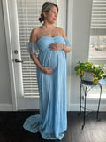 Solid Color Lace Off Shoulder Cap Sleeve Photoshoot Maternity Maxi Dress Maternity
