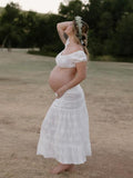 White 2-in-1 Lace Cut Out Off Shoulder Tie Elegant Flowy Vacation Photoshoot Maternity Maxi Dress Maternity
