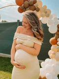 Beige Off Shoulder Ruched Back Slit Bodycon Elegant Baby Shower Maternity Maxi Dress Maternity