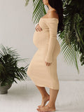 Apricot Off Shoulder Boat Neck Elegant Long Sleeve Baby Shower Maternity Photoshoot Sweater Dress Maternity