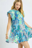 Printed Ruffle Cap Sleeve Mini Dress DJPT