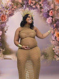 Gold Rhinestone Mesh Sleeveless Backless Photoshoot Bodycon Evening Plus Size Maternity Maxi Dress Maternity